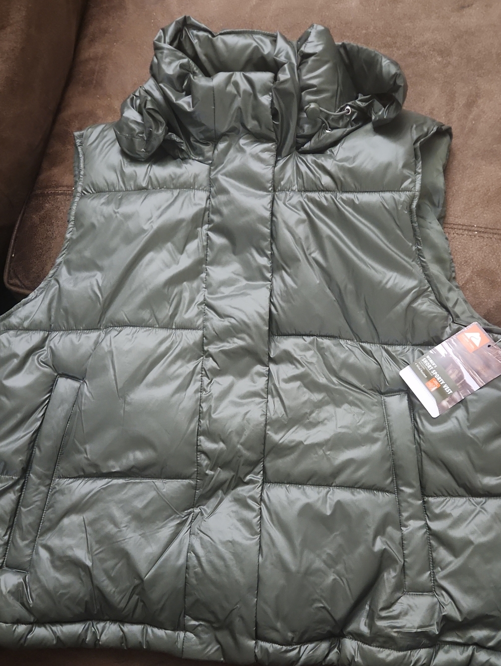 Women's Hooded Olive Green Puffer Vest Jacket - Lightweight Warmth